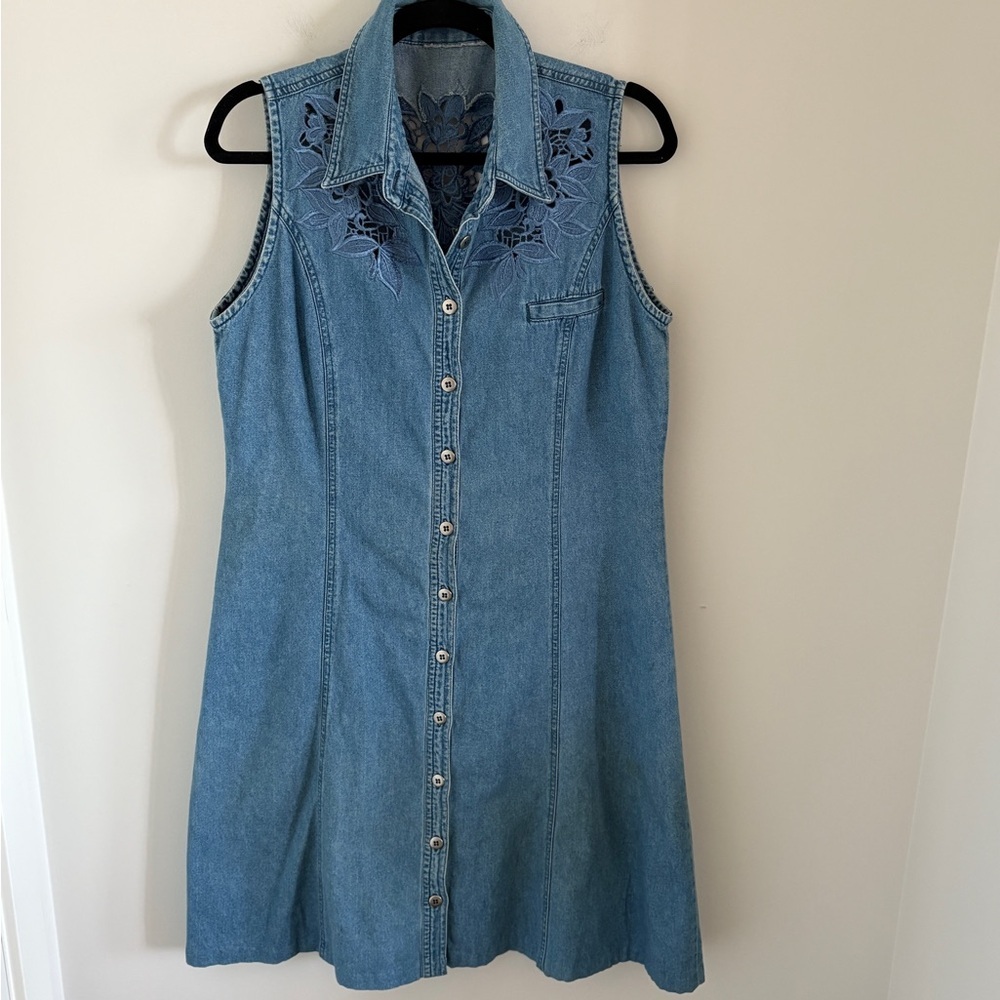 Sleeveless Denim Button-Front Mini Dress with Embroidered Yoke - Blue